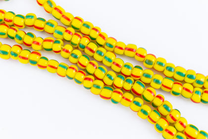 83590- Red/Green on Yellow Stripe Czech Seed Beads