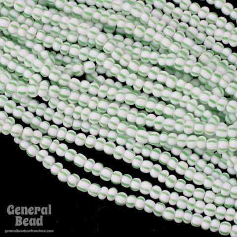 11/0 Opaque White/Green Stripe Czech Seed Bead (10 Gm, Hank, 1/2 Kilo) #CSG189-General Bead