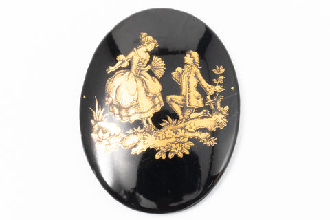 Vintage 30mm x 40mm Black/Gold Pastoral Courting Couple Oval Cabochon #XS82-D