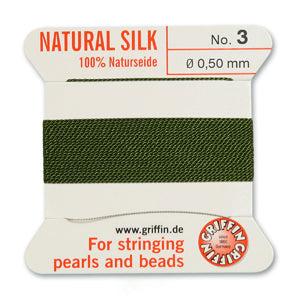 Olive Silk Size 3 Needle End Bead Cord (30 Pcs) #BCSOL03G