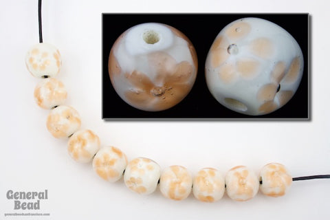 12mm White with Peach Flowers Lampwork Bead (4 Pcs) #5233