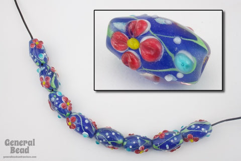 18mm Sapphire Barrel with Pink Flowers (2 Pcs) #5235