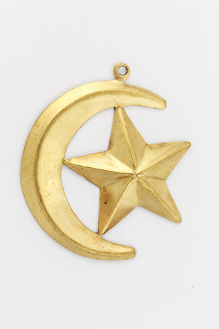 28mm Raw Brass Crescent Moon with Star Charm (2 Pcs) #5489a-General Bead