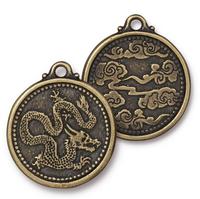 28mm Antique Brass TierraCast Dragon Coin Pendant (10 Pcs) #94-2539