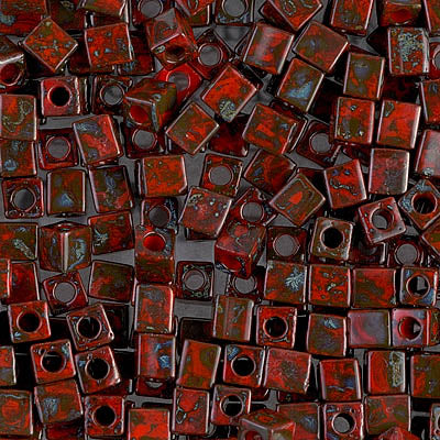 4mm Opaque Red Picasso Miyuki Cube Bead (125 Gm) #4513