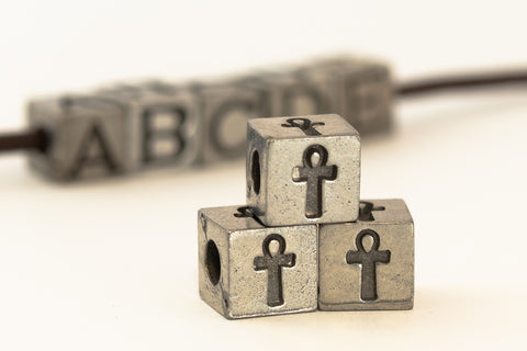 6.55mm Pewter "Ankh" Cube Bead #ABD431