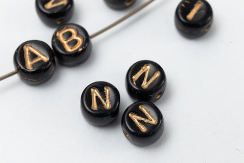 6mm Black Glass "N" Alphabet Bead #ADB714