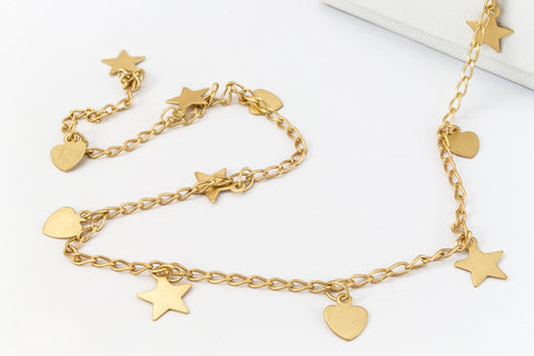 Matte Gold 2mm x 4mm Stars and Hearts Curb Chain #CC106-General Bead