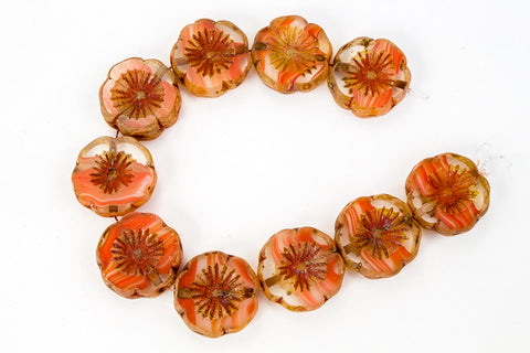 14mm Striped Orange Coral Picasso Hawaiian Flower Bead (10 Pcs) #CZL501-General Bead