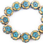 12mm Beige/Turquoise Picasso Hawaiian Flower Bead (12 Pcs) #CZL604-General Bead