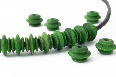 9mm x 6mm Green Wood Ridged Saucer Bead #DXD021
