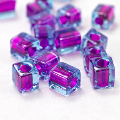 4mm Fuchsia Lined Aqua Cube Bead (20 Gm) #JJL008-General Bead