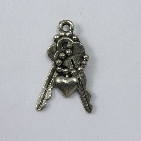 20mm Antique Pewter Keys with Chain and Heart Charm #KEY017-General Bead
