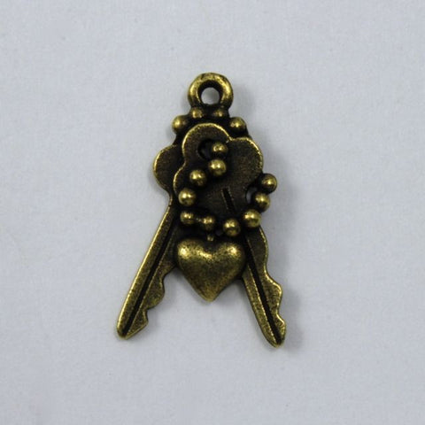 20mm Antique Brass Keys with Chain and Heart Charm #KEY018-General Bead