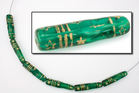 7mm x 28mm Transparent Emerald Tube with Gold Decoration-General Bead