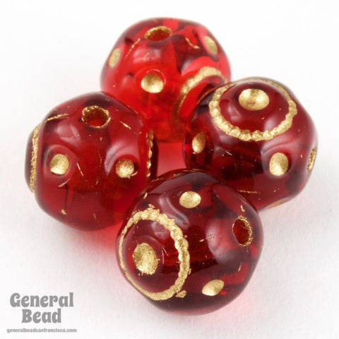 8mm Transparent Ruby Round Bead with Gold Decoration-General Bead