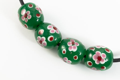 18mm Green Oval Lampwork Bead with Pastel Flowers #LCA002-General Bead