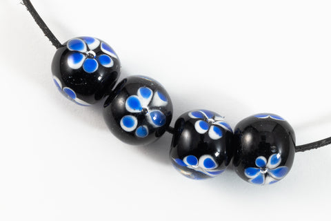 12mm Black with Blue and White Flowers Lampwork Bead #LCB001-General Bead