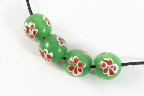 12mm Green with Red and White Flowers Lampwork Bead #LCB011-General Bead