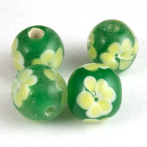 12mm Green with White Flowers Lampwork Bead #LCB012-General Bead