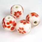 12mm White with Red Flowers Lampwork Bead #LCB015-General Bead