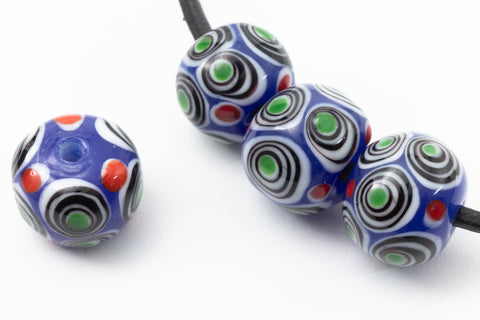 12mm Blue with Black/Green/Red Dots Lampwork Bead #LCB020-General Bead