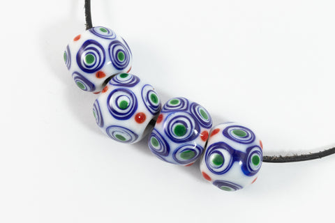 12mm White with Dark Blue/Green/Red Dots Lampwork Bead #LCB023-General Bead