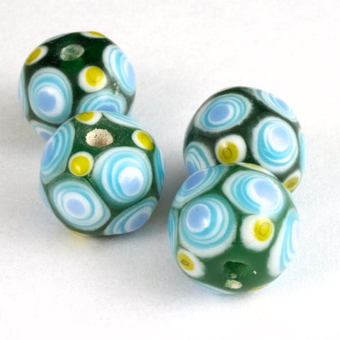 12mm Dark Green with Blue and White Circles Lampwork Bead #LCB027-General Bead