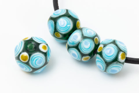 12mm Dark Green with Aqua/Blue/Yellow Dots Lampwork Bead #LCB034-General Bead