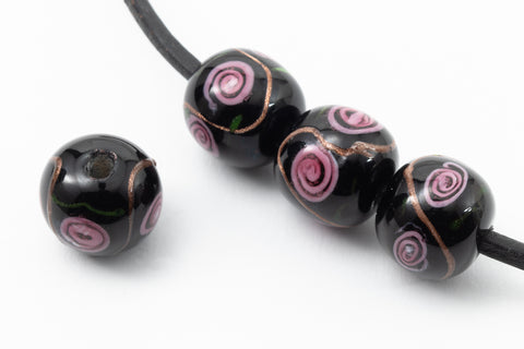 12mm Black with Pink Flowers Lampwork Bead #LCB039-General Bead