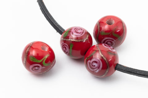 12mm Red with Pink Flowers Lampwork Bead #LCB041-General Bead