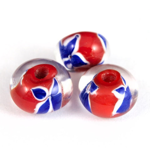 12mm Red with Blue Flowers Lampwork Rondelle #LCC006-General Bead