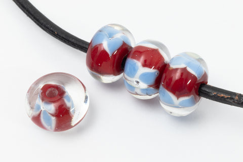 12mm Red with Baby Blue Flowers Lampwork Rondelle #LCC009-General Bead