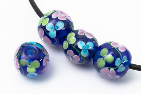 16mm Blue Lampwork Round Bead with Pastel Flowers #LCG005-General Bead