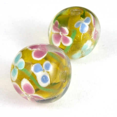 16mm Topaz Lampwork Round Bead with Pastel Flowers (2 Pcs #LCG008-General Bead