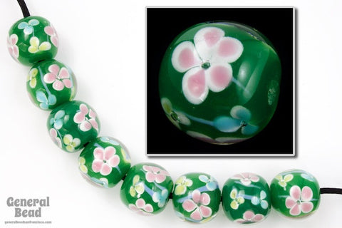 16mm Green Lampwork Round Bead with Pastel Flowers #LCG011-General Bead