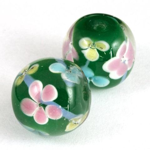18mm Handmade Round Green with Pastel Flowers (2 Pcs) #LCH011-General Bead