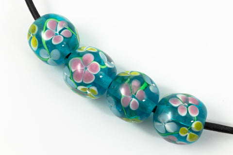 16mm Aqua Lampwork Round Bead with Pastel Flowers #LCG014-General Bead