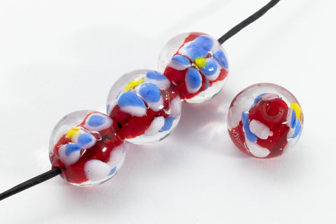 12mm Red with Blue Flowers Lampwork Bead #LCH027-General Bead