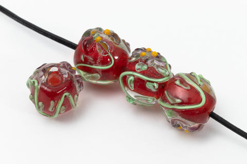 10mm Red Lined Crystal Floral Round Lampwork Bead (6 Pcs) #LCI001-General Bead