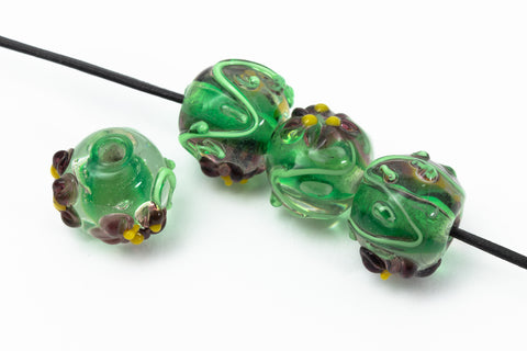 10mm Green/Amethyst Floral Round Lampwork Bead (6 Pcs) #LCI003-General Bead