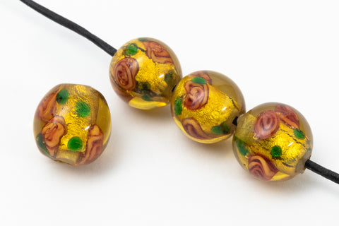 10mm Yellow Round Lampwork Bead with Pink Roses (6 Pcs) #LCI006-General Bead
