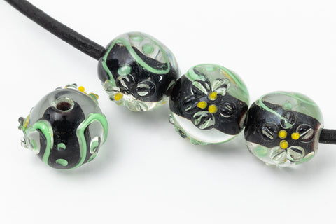 10mm Black Lined Crystal Floral Round Lampwork Bead (6 Pcs) #LCI008-General Bead