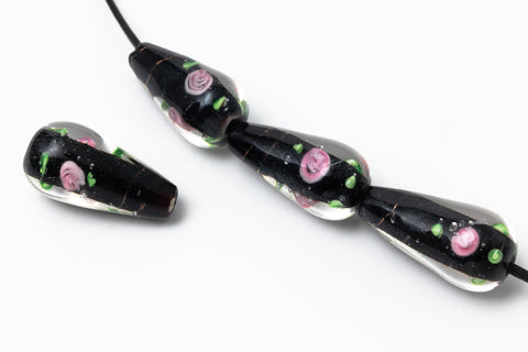 20mm Black Floral Lampwork Teardrop #LCJ012-General Bead