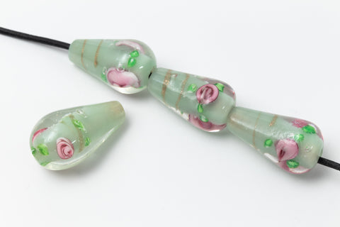 20mm Sage Green Floral Lampwork Teardrop #LCJ009-General Bead