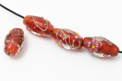 16mm Red Lined Lampwork Barrel with Pink Flowers (2 Pcs) #LCM004-General Bead