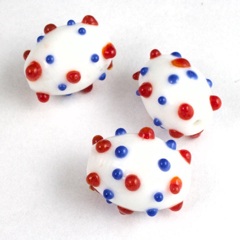 14mm White Oval Lampwork Bead with Red and Blue Dots #LCO002-General Bead