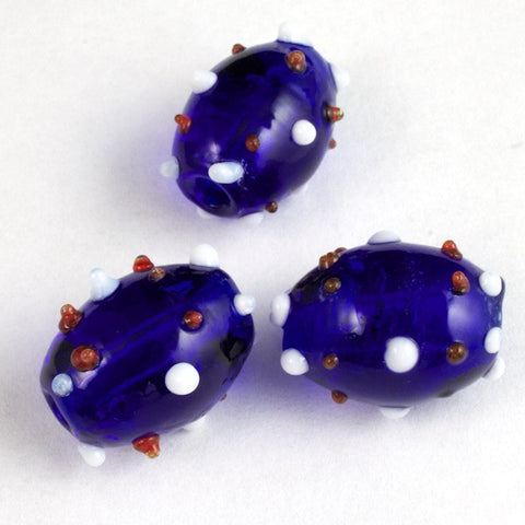 14mm Cobalt Oval Lampwork Bead with Red and White Dots #LCO004-General Bead