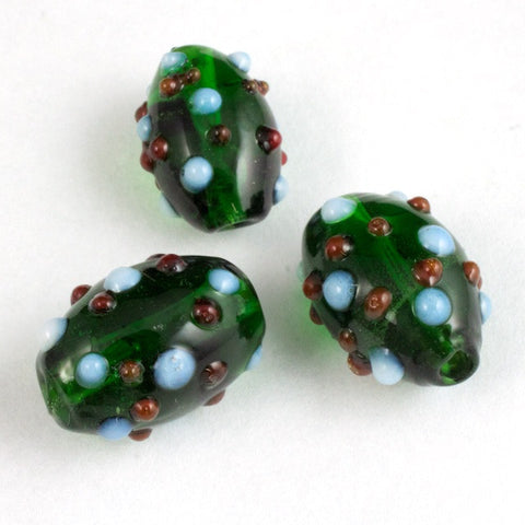 14mm Dark Green Oval Lampwork Bead with Red and Blue Dots #LCO006-General Bead