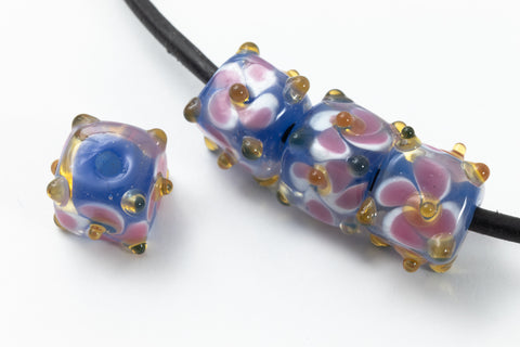 10mm Blue/Pink Floral Lampwork Cube Bead (2 Pcs) #LDB001-General Bead
